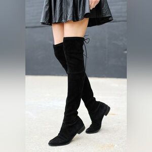 Stuart Weitzman Lowland OTK Suede Boots Black Flat Over Knee 5.5